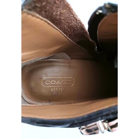 Coach Sondra Choc Brown Leather Heeled Bootie Gold Logo Buckle Strap Side Zip 9M - Picture 8 of 12